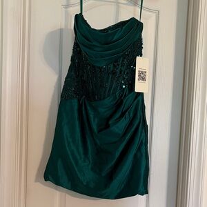 Sequin-Embellished Emerald Green Cowl-Neck Mini Dress